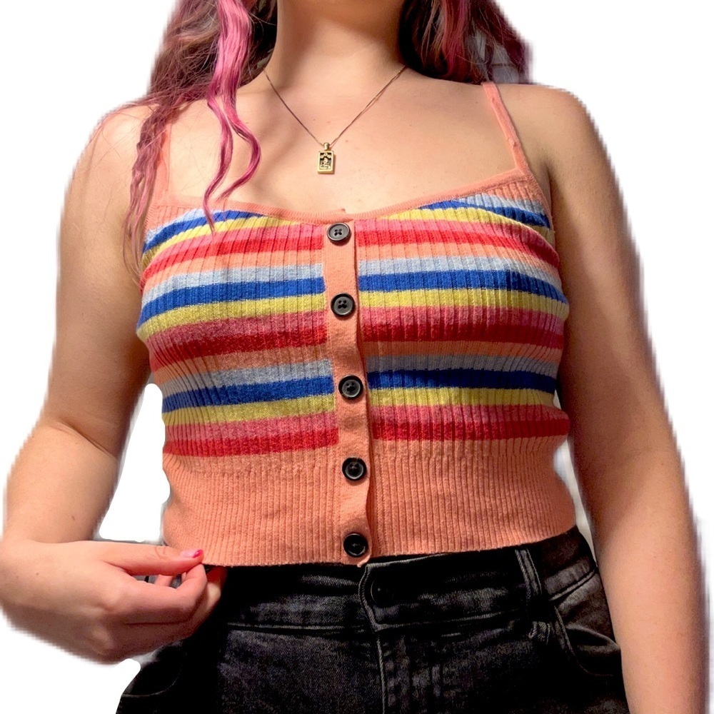 AMERICAN EAGLE COLORFUL STRIPE BUTTON SOFT KNIT CROP TOP TANK